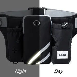 Multi-functional running waist bag showing reflective visibility in day and night settings.