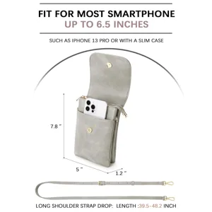 Gray PU leather crossbody phone bag with precise size details and 6.5-inch phone fit