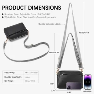 Dimensiones detalladas del bolso bandolera negro pequeño con correa ajustable