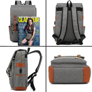 Detailed multi-angle views of a grey retro canvas laptop backpack with USB charging port