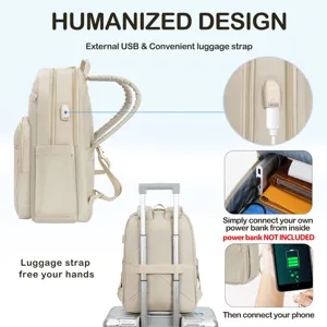 Detalle de mochila para portátil con puerto USB externo y correa para el equipaje.