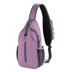 Heathered purple outdoor sling bag with mesh side pockets and adjustable shoulder strap