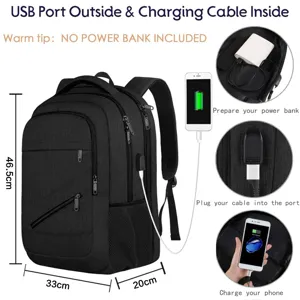 Detailansicht eines schwarzen Laptop-Rucksacks mit USB-Ladeanschluss und Abmessungen