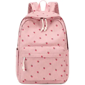 Pink corduroy backpack with cute strawberry print, perfect for school and casual travel