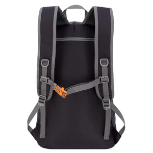 Rear view of black outdoor backpack showing gray adjustable straps and orange buckle