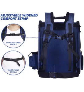 Detail view of adjustable comfort straps and fixing buckles on blue pet carrier backpack.