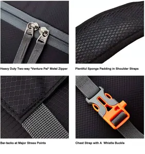 Detail macro view of 40L hiking backpack zippers, padding, and buckle features.