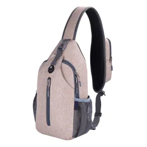 Modern beige men's sling bag featuring waterproof fabric and multi-pocket design.