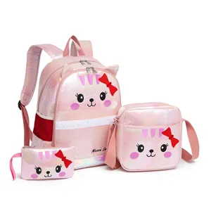 3-teiliges holografisches rosa Katzen-Rucksack-Set mit Umhängetasche und Mäppchen