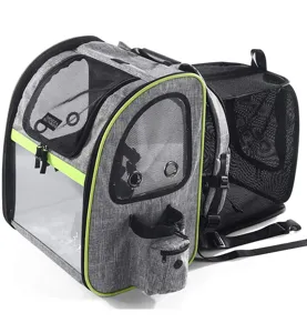 Side detail view of gray expandable pet backpack with breathable mesh windows