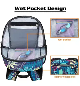 Detailed view of the 40L backpack featuring a dedicated waterproof wet pocket design.