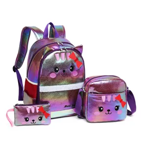 3-teiliges holografisches Schulranzen-Set für Mädchen mit süßem Katzenmotiv und Schleife.