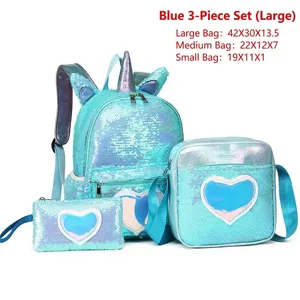 Unicorn Sequin Backpack 3-Piece Set Shiny Heart School Bag For Girls Students Daily Travel Backpack Small Medium Large Sizes