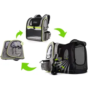 Expandable pet backpack for small cats and dogs showing folding and mesh details