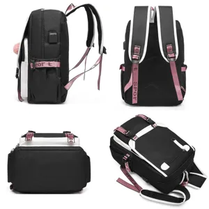 Detaillierte Mehrwinkelansichten eines schwarzen Schulrucksacks mit rosa Akzenten.