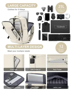 Vista detallada de mochila beige de 25L con almacenamiento de capas y compartimento