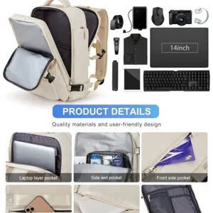 Mochila de viaje grande beige para mujer con compartimento para portátil de 14 pulgadas