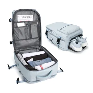 Detail view of blue travel backpack showing large capacity storage and shoe compartment