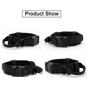 Collar táctico para perros de nylon negro con hebilla metálica mostrado en cuatro vistas