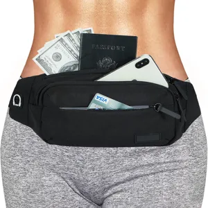 Close-up of black sports waist bag showing storage for phone, passport and cards