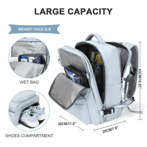 Large capacity blue travel backpack featuring shoe compartment and wet bag details