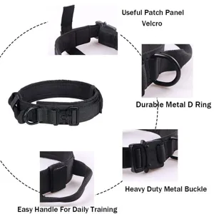 Detalles del collar táctico para perros: hebilla de metal, anillo D, asa y velcro