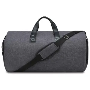 Durable grey fabric large capacity travel garment bag for men with adjustable shoulder strap.