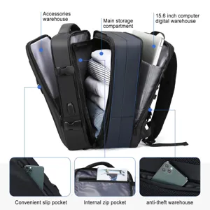 Detalle de mochila de viaje multifuncional con compartimento para portátil y bolsillos