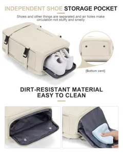 Detalle de mochila de viaje con compartimento para zapatos y salidas de aire inferiores.