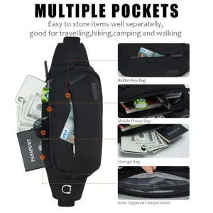 Detailed view of black tactical waist bag with multiple functional storage pockets