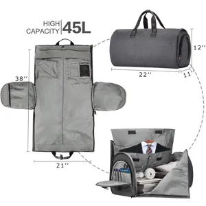 Detailed view of the 45L garment travel bag showing dimensions and interior storage