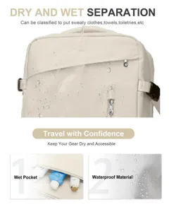 Detalle del material impermeable y el bolsillo de separación de la mochila de viaje.