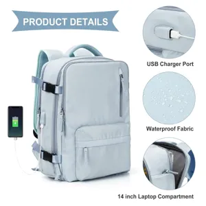 Detailed view of travel backpack with USB port, waterproof fabric, and laptop sleeve.