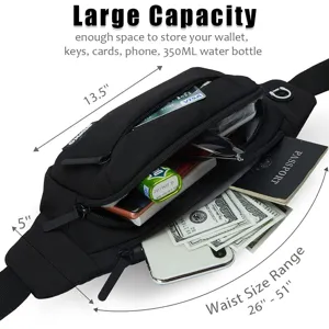 Detail of large capacity waist bag showing internal storage for phone and accessories.