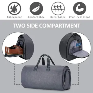 Grey travel duffel bag with separate shoe compartment and organizer pocket details