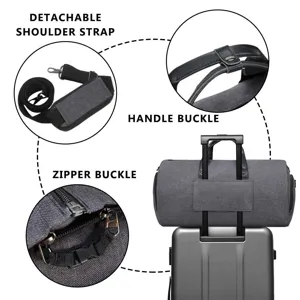 Detail view of detachable shoulder strap and luggage sleeve for men's garment bag.