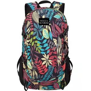 Front view of a 40L outdoor hiking backpack featuring a vibrant tropical leaf print pattern