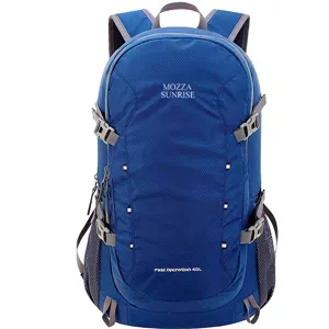 Front view of a 40L blue lightweight outdoor hiking backpack with diamond pattern texture