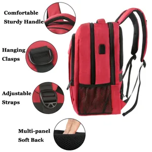 Detalle de mochila roja para portátil con asa resistente y respaldo acolchado.