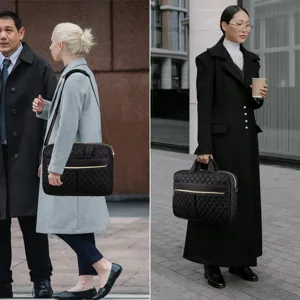 Photos de style de vie d'une sacoche matelassée noire élégante pour ordinateur.