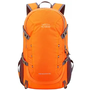 Front view of bright orange 40L outdoor hiking backpack with gray buckles