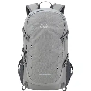 Professional detailed front view of a grey 40L outdoor hiking backpack with ripstop fabric texture