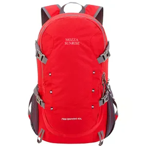 Detailed front view of a red 40L outdoor hiking backpack featuring adjustable side buckles