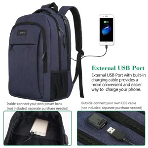 Detalle de mochila azul para portátil con puerto de carga USB externo.
