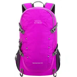 Front view of a vibrant magenta 40L outdoor hiking backpack with Mozza Sunrise brand logo.