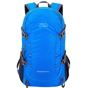 Detailed front view of a blue 40L lightweight outdoor hiking backpack with printed logo