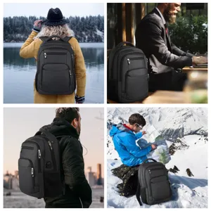 Mochila de negocios negra para portátil de gran capacidad en cuatro escenas de vida.