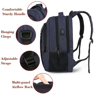 Detalle de mochila de negocios azul con asa resistente y panel trasero transpirable.