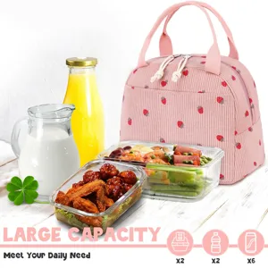 Large capacity strawberry corduroy lunch bag for women's picnic and work