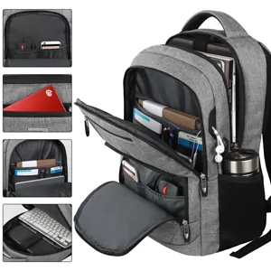 Vista detallada de múltiples compartimentos internos en una mochila gris para portátil.